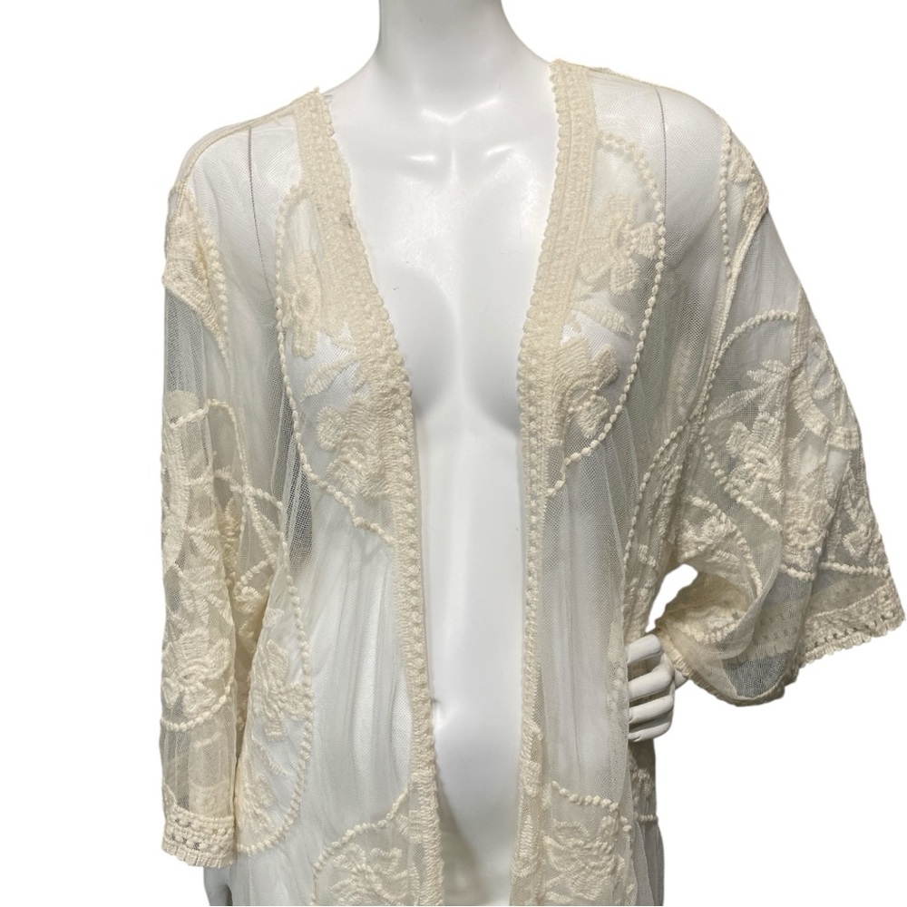 FLORAL BLOOMING Kimono Lace Cover Up Long Duster Beige  Open Front Boho Sz Large - Picture 12 of 17